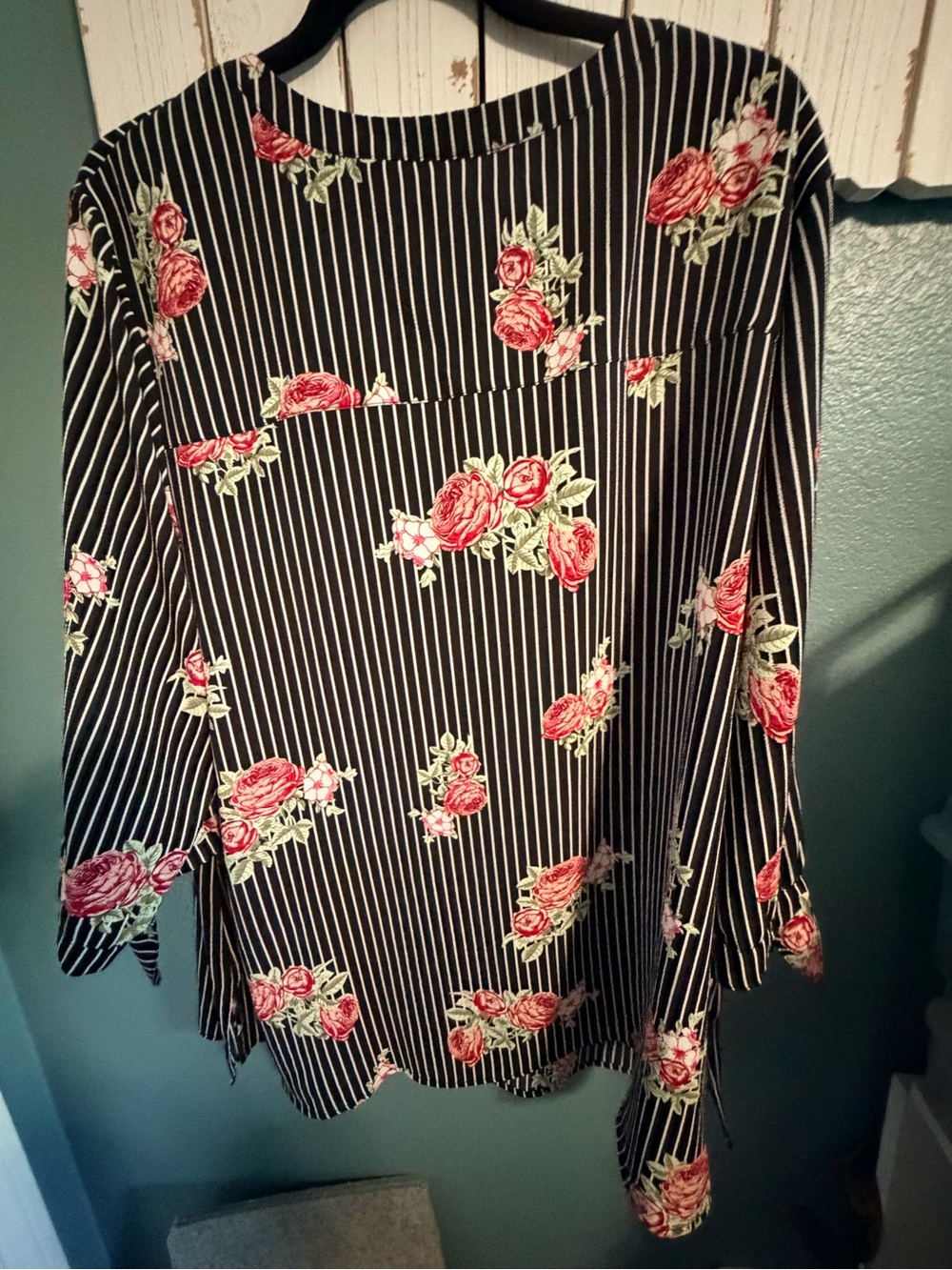 Catherines Black Pinstripe Tunic with Red Rose Print - Picture 2 of 6